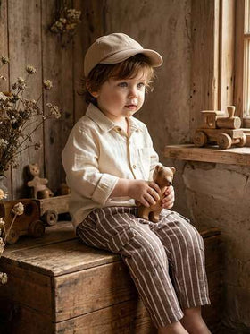 SHEIN Vintaside Kids بنطلون مخطط من خليط الكتان للأطفال الصبيان، مريح وشامل لجميع المواسم، يتناسب مع مختلف الأطقم العلوية