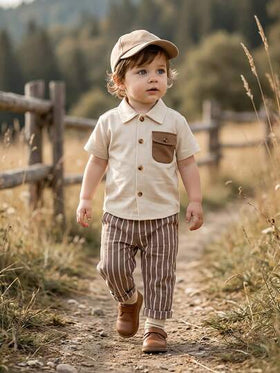 SHEIN Vintaside Kids بنطلون مخطط من خليط الكتان للأطفال الصبيان، مريح وشامل لجميع المواسم، يتناسب مع مختلف الأطقم العلوية