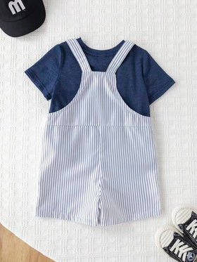 SHEIN مجموعة ملابس علوية كاجوال قصير الأكمام وسروال مشبك مخطط للأطفال الرضع الجنسين، ملابس أطفال للربيع والصيف، ملابس عيد الفصح، 2 قطعة/مجموعة