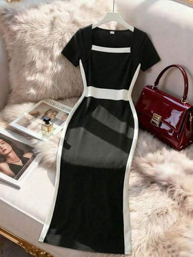 SHEIN فستان أنيق قصير الأكمام بياقة مربعة مناسب للمراهقات، لون أبيض وأسود متباين، قصة ضيقة رفيعة، صيفي