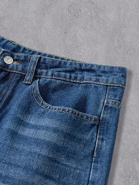 Manfinity LEGND جينز بقصة واسعة مهترئة بتصميم بتشوورك مربعات أمريكي كلاسيكي