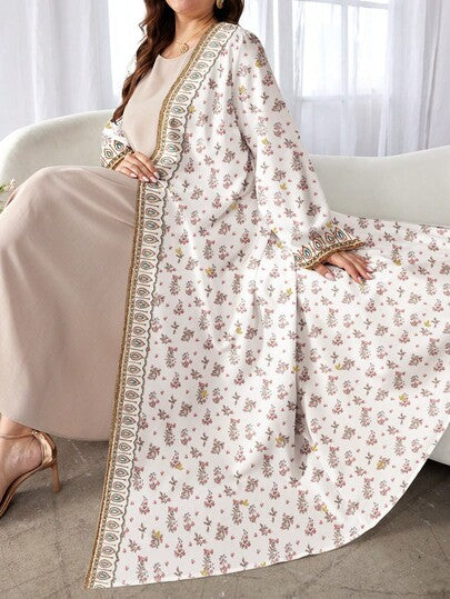 SHEIN Najma معطف أبايا كاجوال طويل بأكمام طويلة مطبوع بنقوش زهور وأوراق نباتية مزخرف بألماس اصطناعي، مناسب للمرأة البدينة، موسم الربيع/الخريف