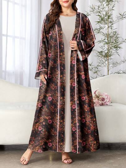 SHEIN Najma عباية كاردجان طويلة كاجوال مطبوعة رقمياً بنقوش زهور وخطوط وردية، أكمام طويلة، للربيع والخريف