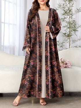 SHEIN Najma عباية كاردجان طويلة كاجوال مطبوعة رقمياً بنقوش زهور وخطوط وردية، أكمام طويلة، للربيع والخريف