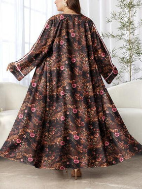 SHEIN Najma عباية كاردجان طويلة كاجوال مطبوعة رقمياً بنقوش زهور وخطوط وردية، أكمام طويلة، للربيع والخريف