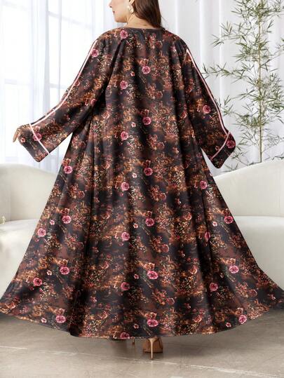 SHEIN Najma عباية كاردجان طويلة كاجوال مطبوعة رقمياً بنقوش زهور وخطوط وردية، أكمام طويلة، للربيع والخريف
