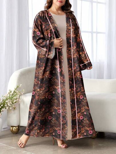 SHEIN Najma عباية كاردجان طويلة كاجوال مطبوعة رقمياً بنقوش زهور وخطوط وردية، أكمام طويلة، للربيع والخريف