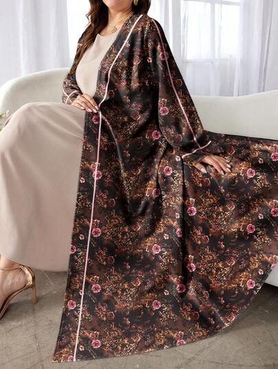 SHEIN Najma عباية كاردجان طويلة كاجوال مطبوعة رقمياً بنقوش زهور وخطوط وردية، أكمام طويلة، للربيع والخريف