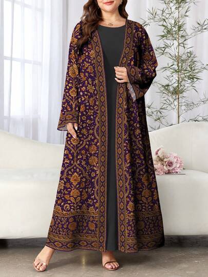 SHEIN Najma رمضان عباية كارديجان طويلة الأكمام بطبعة رقمية زهرية للنساء ذوات الحجم الكبير، بأسلوب عربي، للربيع والخريف