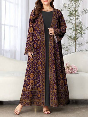 SHEIN Najma رمضان عباية كارديجان طويلة الأكمام بطبعة رقمية زهرية للنساء ذوات الحجم الكبير، بأسلوب عربي، للربيع والخريف