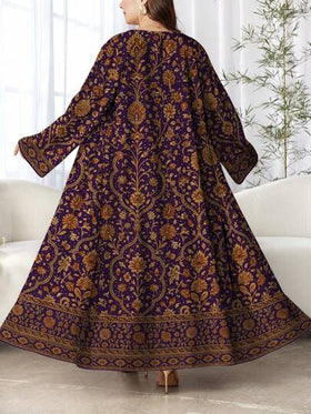 SHEIN Najma رمضان عباية كارديجان طويلة الأكمام بطبعة رقمية زهرية للنساء ذوات الحجم الكبير، بأسلوب عربي، للربيع والخريف