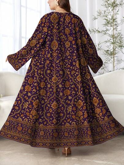 SHEIN Najma رمضان عباية كارديجان طويلة الأكمام بطبعة رقمية زهرية للنساء ذوات الحجم الكبير، بأسلوب عربي، للربيع والخريف