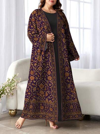 SHEIN Najma رمضان عباية كارديجان طويلة الأكمام بطبعة رقمية زهرية للنساء ذوات الحجم الكبير، بأسلوب عربي، للربيع والخريف