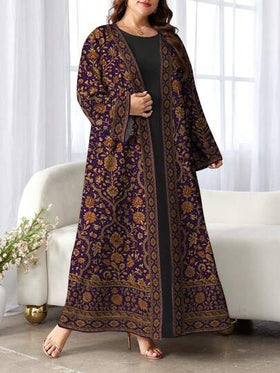 SHEIN Najma رمضان عباية كارديجان طويلة الأكمام بطبعة رقمية زهرية للنساء ذوات الحجم الكبير، بأسلوب عربي، للربيع والخريف