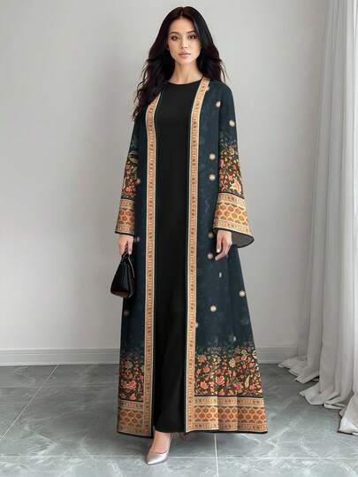 SHEIN Najma رمضان عباية كارديجان طويلة الأكمام للنساء بطبعة نباتية وزهرية مُتدرجة باللون، للاستخدام اليومي، للربيع والخريف