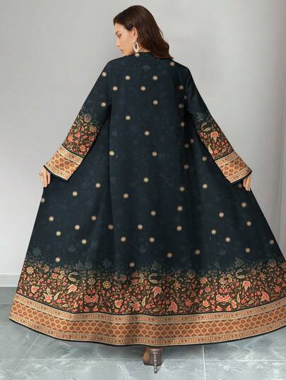 SHEIN Najma رمضان عباية كارديجان طويلة الأكمام للنساء بطبعة نباتية وزهرية مُتدرجة باللون، للاستخدام اليومي، للربيع والخريف