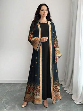 SHEIN Najma رمضان عباية كارديجان طويلة الأكمام للنساء بطبعة نباتية وزهرية مُتدرجة باللون، للاستخدام اليومي، للربيع والخريف