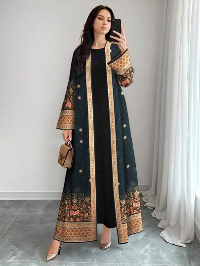 SHEIN Najma رمضان عباية كارديجان طويلة الأكمام للنساء بطبعة نباتية وزهرية مُتدرجة باللون، للاستخدام اليومي، للربيع والخريف