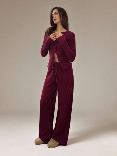 SHEIN Tall مجموعة منسقة من البلوزة المحبوكة بالحبك المضلع والبنطلون ذو الساق الواسعة والرباط للنساء، ملابس منزلية مريحة للخريف والشتاء، طقم عصري من قطعتين