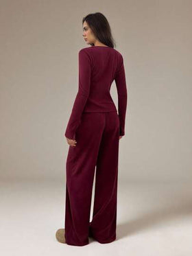SHEIN Tall مجموعة منسقة من البلوزة المحبوكة بالحبك المضلع والبنطلون ذو الساق الواسعة والرباط للنساء، ملابس منزلية مريحة للخريف والشتاء، طقم عصري من قطعتين