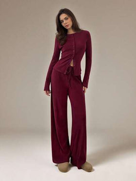 SHEIN Tall مجموعة منسقة من البلوزة المحبوكة بالحبك المضلع والبنطلون ذو الساق الواسعة والرباط للنساء، ملابس منزلية مريحة للخريف والشتاء، طقم عصري من قطعتين