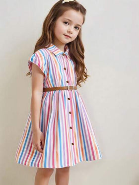 Elladie kids فستان قميص مع أزرار أمامية وياقة ملونة مخطط، كتف منسدل، مناسب للاستخدام اليومي والعطلات المريحة