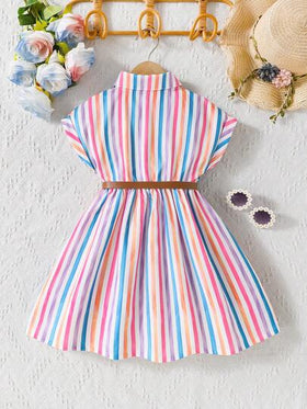 Elladie kids فستان قميص مع أزرار أمامية وياقة ملونة مخطط، كتف منسدل، مناسب للاستخدام اليومي والعطلات المريحة