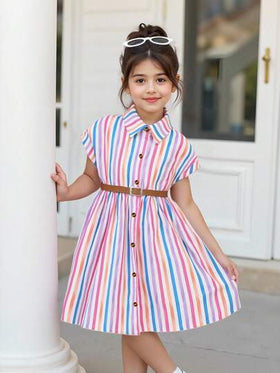 Elladie kids فستان قميص مع أزرار أمامية وياقة ملونة مخطط، كتف منسدل، مناسب للاستخدام اليومي والعطلات المريحة