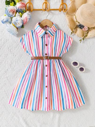 Elladie kids فستان قميص مع أزرار أمامية وياقة ملونة مخطط، كتف منسدل، مناسب للاستخدام اليومي والعطلات المريحة