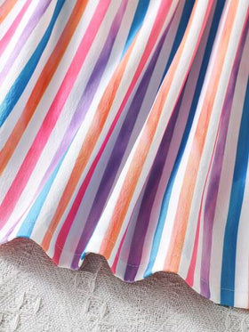 Elladie kids فستان قميص مع أزرار أمامية وياقة ملونة مخطط، كتف منسدل، مناسب للاستخدام اليومي والعطلات المريحة