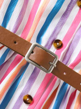Elladie kids فستان قميص مع أزرار أمامية وياقة ملونة مخطط، كتف منسدل، مناسب للاستخدام اليومي والعطلات المريحة