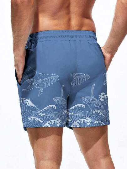 Manfinity Swimmode شورت شاطئ للرجال بخصر مطاطي مزخرف بطبعة الموجة وجيوب