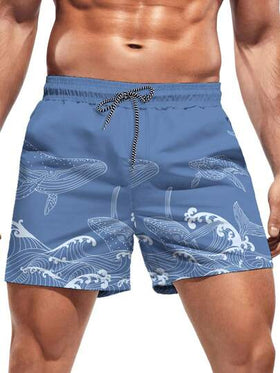 Manfinity Swimmode شورت شاطئ للرجال بخصر مطاطي مزخرف بطبعة الموجة وجيوب