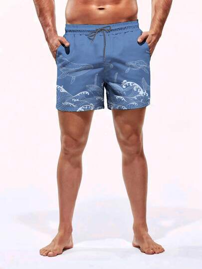 Manfinity Swimmode شورت شاطئ للرجال بخصر مطاطي مزخرف بطبعة الموجة وجيوب