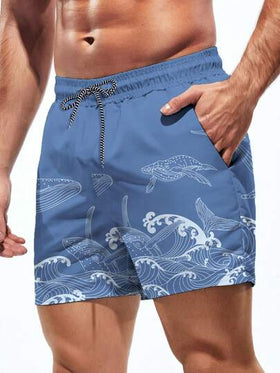 Manfinity Swimmode شورت شاطئ للرجال بخصر مطاطي مزخرف بطبعة الموجة وجيوب