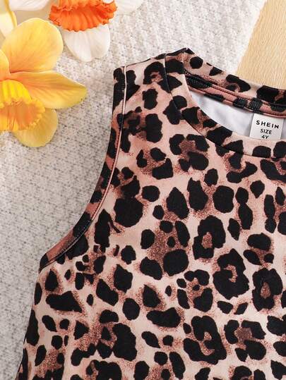 SHEIN فستان كاجوال بدون أكمام بطبعة نمر وزهور للفتيات الصغيرات