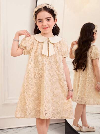 SHEIN فستان كاجوال للفتاة الصغيرة بطبعات ملونة وياقة بيتر بان وزهور ثلاثية الأبعاد