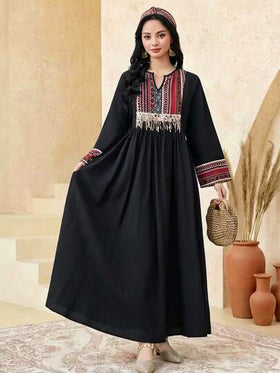 SHEIN فستان بنات المراهقات بطبعة هندسية مع شراشيب وربطة الخصر، فستان كاجوال طويل الأكمام من قماش منسوج متعدد الألوان للعطلات الربيعية والصيفية