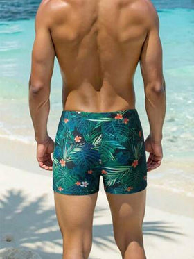 Manfinity Swimmode سروال السباحة للرجال ذو الخصر المطاطي مع طبعة نباتات استوائية، سروال سباحة مع بطانة ضاغطة، سريع الجفاف، سروال سباحة رجالي استوائي أخضر، سروال سباحة رجالي أزهار