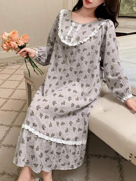 DAZY فستان نوم طويل للنساء بأكمام فانوس مزين بالزهور والكشكشة