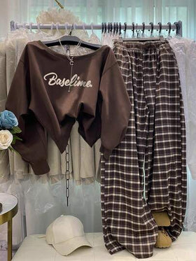 INAWLY طقم بلوزة كاجوال طويلة الأكمام مطبوعة بحرف وبنطال مربعات، مناسب للنساء
