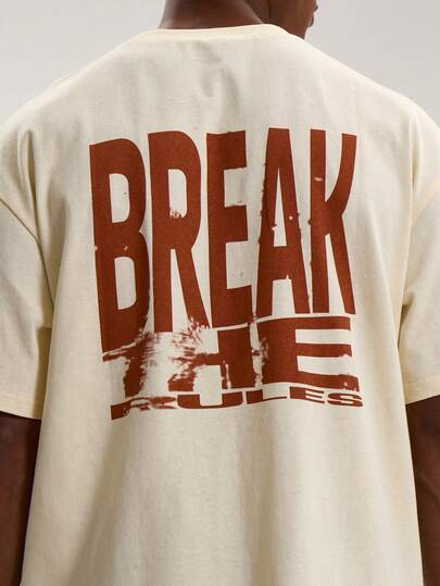 Musero تي شيرت بياقة طاقم وأكمام قصيرة مطبوع عليه "BREAK THE RULES" بتصميم الكتف المنسدل، ربيع وصيف