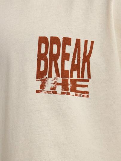 Musero تي شيرت بياقة طاقم وأكمام قصيرة مطبوع عليه "BREAK THE RULES" بتصميم الكتف المنسدل، ربيع وصيف