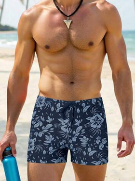 Manfinity Swimmode شورت سباحة رجالي بطبعة زهور للاستخدام اليومي والشاطئ، مع بطانة ضاغطة، سريع الجفاف، شورت سباحة رجالي بطبعة هاواي سوداء، شورت سباحة رجالي بطبعة زهور، شورت سباحة رجالي بطبعة زهور مطابق