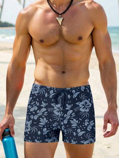 Manfinity Swimmode شورت سباحة رجالي بطبعة زهور للاستخدام اليومي والشاطئ، مع بطانة ضاغطة، سريع الجفاف، شورت سباحة رجالي بطبعة هاواي سوداء، شورت سباحة رجالي بطبعة زهور، شورت سباحة رجالي بطبعة زهور مطابق