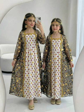 Sparklyn رمضان جاكيت ذات طباعة زهرية أنيقة مع تشطيب ذهبي للفتيات المراهقات، طقم بطبعة زهرية إثنية مع تفاصيل معدنية، طراز راقي