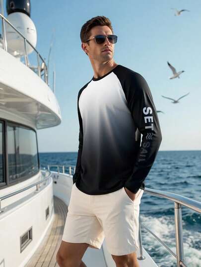 Manfinity Swimmode قميص رجالي بطباعة حرفية بأكمام طويلة على طراز راجلان للتزلج على الأمواج، ملابس لرحلات اليخوت للرجال، قميص صيفي بأكمام طويلة للرجال، قميص سباحة للرجال
