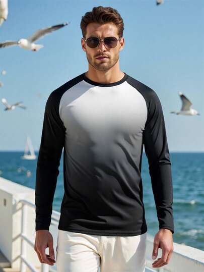 Manfinity Swimmode قميص رجالي بطباعة حرفية بأكمام طويلة على طراز راجلان للتزلج على الأمواج، ملابس لرحلات اليخوت للرجال، قميص صيفي بأكمام طويلة للرجال، قميص سباحة للرجال