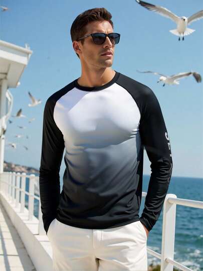 Manfinity Swimmode قميص رجالي بطباعة حرفية بأكمام طويلة على طراز راجلان للتزلج على الأمواج، ملابس لرحلات اليخوت للرجال، قميص صيفي بأكمام طويلة للرجال، قميص سباحة للرجال