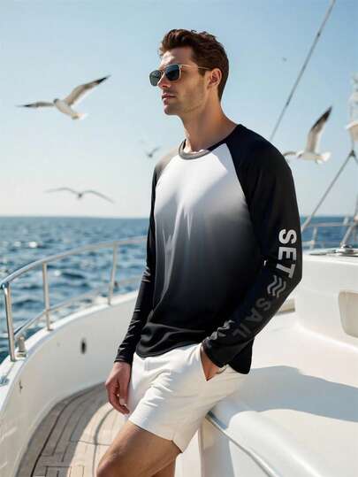Manfinity Swimmode قميص رجالي بطباعة حرفية بأكمام طويلة على طراز راجلان للتزلج على الأمواج، ملابس لرحلات اليخوت للرجال، قميص صيفي بأكمام طويلة للرجال، قميص سباحة للرجال
